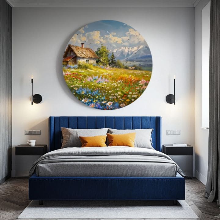 Okrogle slike z akrilom Mountain Cottage