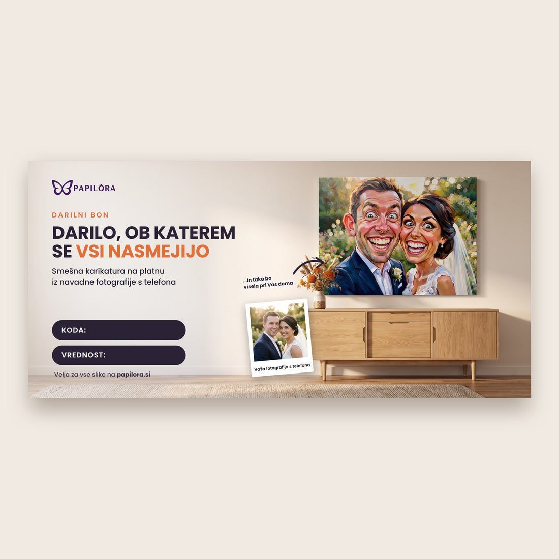 Elektronski darilni bon za smešno karikaturo iz fotografije na platnu