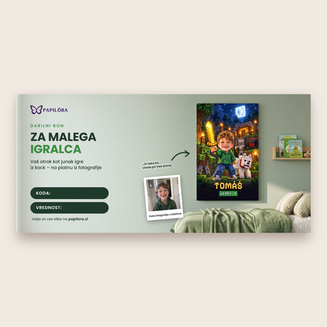 Darilni bon za unikatno sliko po fotografiji za malega igričarja