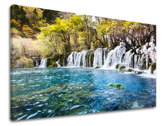 Slika na platnu z motivom slapovi in modrozeleno jezero – 3D prikaz platna z vidnim lesenim okvirjem, Papilora.