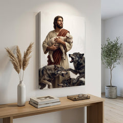 Slika na platnu z motivom jezus z jagnjetom in volkovi obešena v sodobnem stilskem interjerju nad leseno konzolo z vazo in svečo, Papilora.
