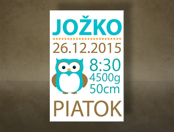 Slika na platnu z motivom podatki o rojstvu z modro sovo – 3D prikaz platna z vidnim lesenim okvirjem, Papilora.