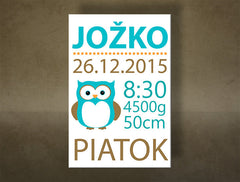 Slika na platnu z motivom podatki o rojstvu z modro sovo – 3D prikaz platna z vidnim lesenim okvirjem, Papilora.