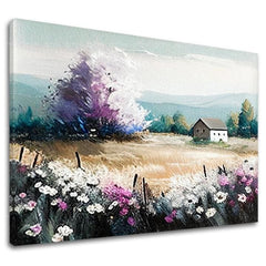 Slika na platnu z motivom pokrajina s hišo in cvetjem – 3D prikaz platna z vidnim lesenim okvirjem, Papilora.
