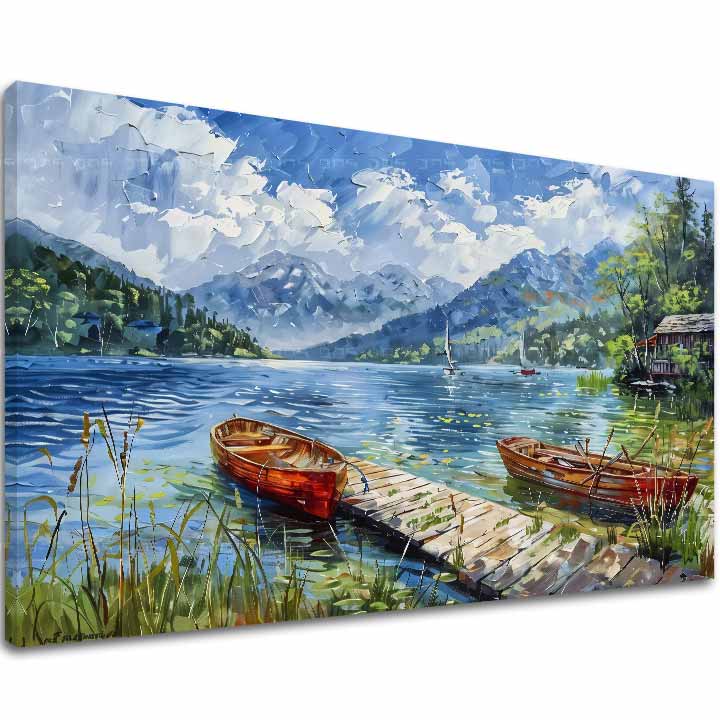 Ročno poslikana premium slika na platnu z zlatimi poudarki z motivom čolna na jezeru z gorami – 3D prikaz platna z vidnim lesenim okvirjem, Papilora.