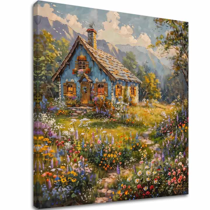 Slika na platnu z motivom modra hiša s cvetličnim vrtom – 3D prikaz platna z vidnim lesenim okvirjem, Papilora.
