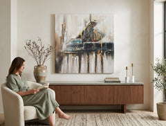 Poslikana slika za steno ABSTRAKT 100x100 cm – ročno poslikana slika v elegantnem interjerju (Scandi cream) | wall mockup | premium canvas | Papilora.sk