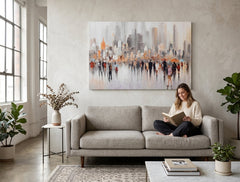 Poslikana slika za steno MESTO 120x80 cm – ročno poslikana slika v elegantnem interierju (Mid-century warm) | wall mockup | premium platno | Papilora.sk