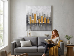 Poslikana slika za steno MESTO 70x70 cm – ročno poslikana slika v elegantnem interjerju (Modern coastal) | wall mockup | premium platno | Papilora.sk