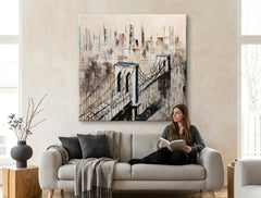 Poslikana slika za steno MESTO 80x80 cm – ročno poslikana slika v elegantnem interjerju (Modern coastal) | wall mockup | premium platno | Papilora.sk