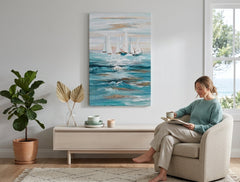 Poslikana slika za steno ČOLNIČKI 90x60 cm – ročno poslikana slika v elegantnem interjerju (Scandi cream) | wall mockup | premium platno | Papilora.sk