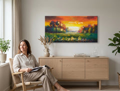 Poslikana slika za steno LÚKA 100x50 cm – ročno poslikana slika v elegantnem interjerju (Golden hour luxe) | wall mockup | premium canvas | Papilora.sk