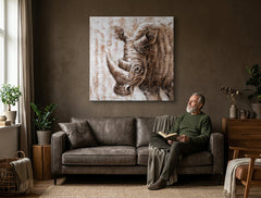 Poslikana stenska slika NOSOROG 70x70 cm – ročno poslikana slika v elegantnem interjerju (Golden hour luxe) | wall mockup | premium platno | Papilora.sk