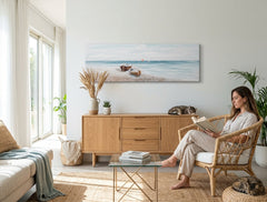 Poslikana slika za steno PLAŽA 120x40 cm – ročno poslikana slika v elegantnem interjerju (Mid-century warm) | wall mockup | premium canvas | Papilora.sk