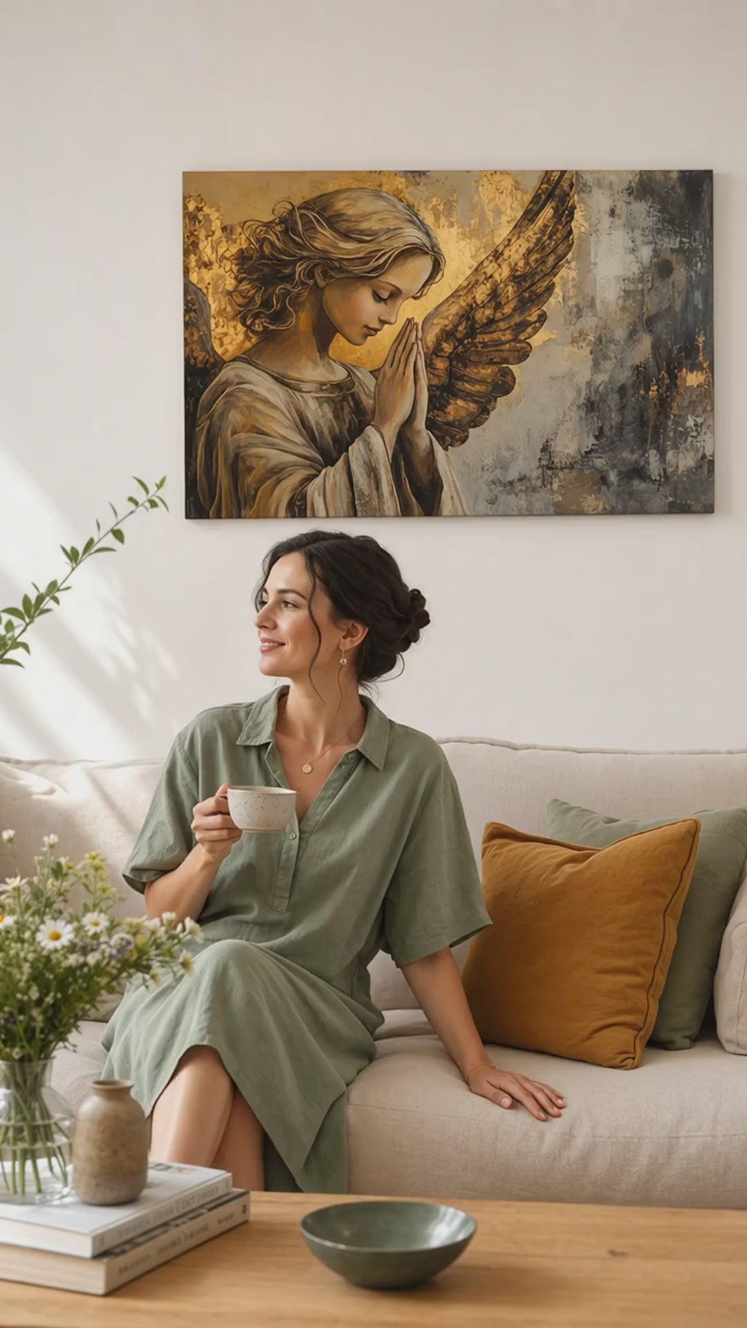 Slike angelov Prayer of Light – dokončano z roko umetnika. Premium slika z akrilnimi detajli, sodobna stenska dekoracija za dnevno sobo, ženska občuduje umetnino v stilnem svetlem interjerju. Papilora Premium Art (XOGMDPA154E1).