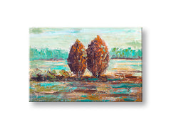 Dipinto a mano su tela 90x60 cm, Papilora. Motivo: due alberi in paesaggio astratto. Colori: marrone, verde, azzurro. "Fatto in UE".