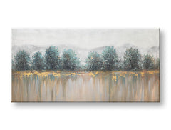 Papilora ročno poslikan obraz na platnu DREVESA 140x70 cm, 3D pogled, bela, modra, siva, zelena, mirna narava, idealen za dnevno sobo.