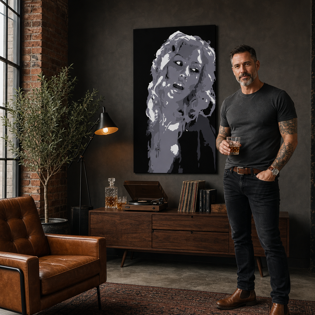 Ročno poslikan POP Art Christina Aguilera 1 kos ca2 – slika v sodobnem moškem interjerju, lifestyle vizualizacija. Prevladujoče barve: črna, bela, siva.