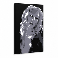 Ročno poslikan POP Art Christina Aguilera 1 kos ca2 – 3D vizualizacija ročno poslikanega platna na belem ozadju. Prevladujoče barve: črna, bela, siva.