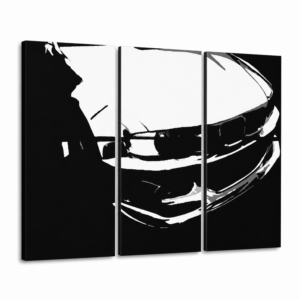 Ročno poslikana POP Art podoba BMW M3 3 kosi bmw – 3D vizualizacija ročno poslikanega platna na belem ozadju. Prevladujoče barve: črna, bela.