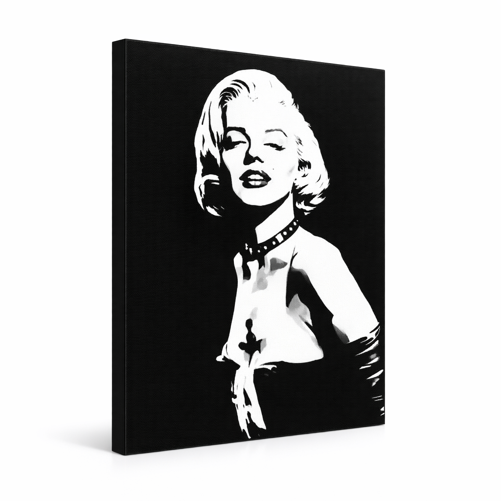 Ročno poslikana POP Art slika Marilyn MONROE 1 kos mon5 – 3D vizualizacija ročno poslikanega platna na belem ozadju. Prevladujoče barve: črna, bela, siva.