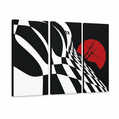 Ročno poslikana slika POP Art Abstract Chessboard 3 kos fl – 3D vizualizacija ročno poslikanega platna na belem ozadju. Prevladujoče barve: črna, bela, rdeča.