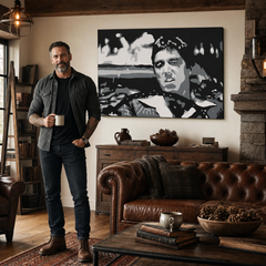 Ročno poslikana slika POP Art AL PACINO 1 kos al13 – slika v sodobnem moškem interjerju, lifestyle vizualizacija. Prevladujoče barve: črna, bela, siva.