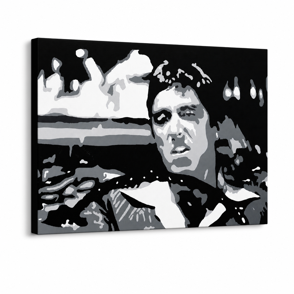 Ročno poslikana slika POP Art AL PACINO 1 kos al13 – 3D vizualizacija ročno poslikanega platna na belem ozadju. Prevladujoče barve: črna, bela, siva.