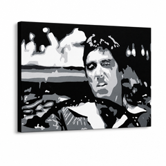 Ročno poslikana slika POP Art AL PACINO 1 kos al13 – 3D vizualizacija ročno poslikanega platna na belem ozadju. Prevladujoče barve: črna, bela, siva.