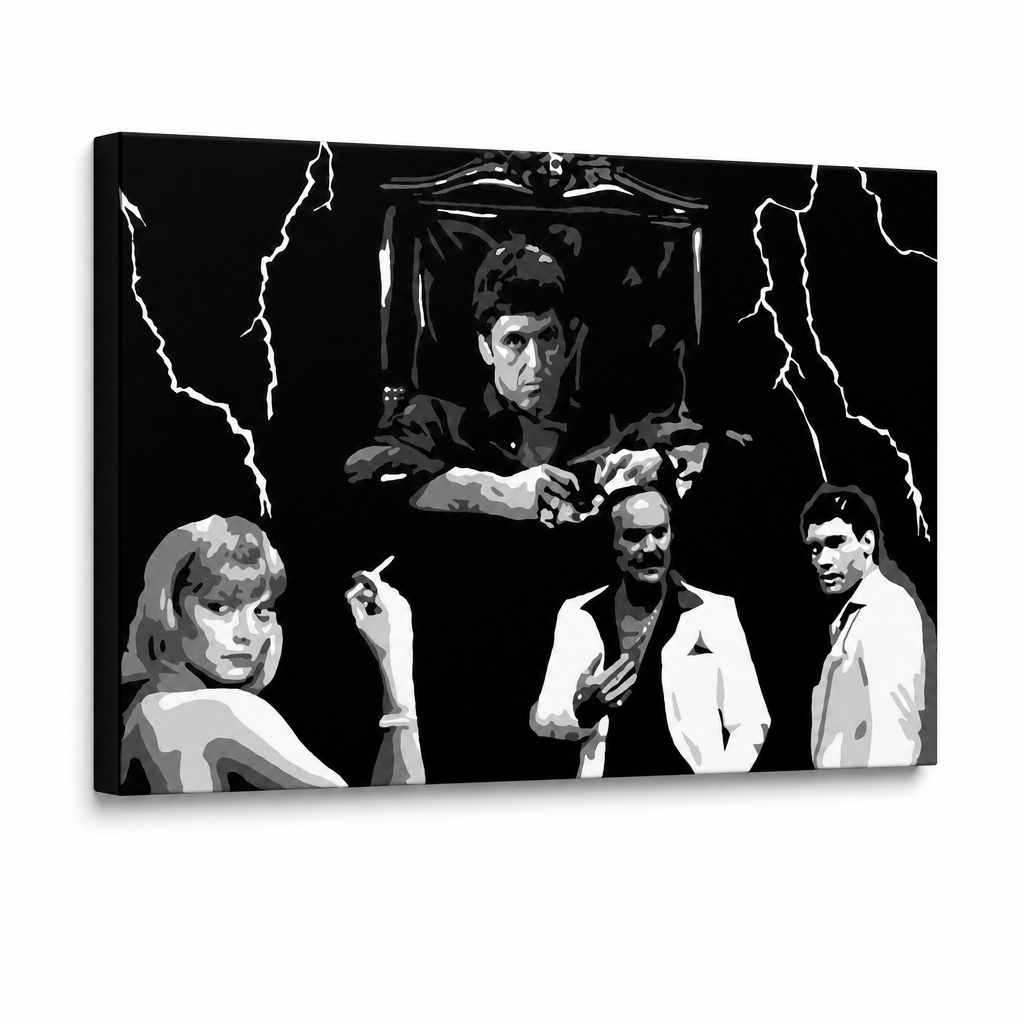 Ročno poslikana slika POP Art AL PACINO 1 kos al15 – 3D vizualizacija ročno poslikanega platna na belem ozadju. Prevladujoče barve: črna, bela, siva.
