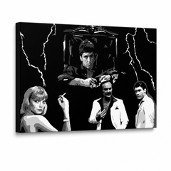 Ročno poslikana slika POP Art AL PACINO 1 kos al15 – 3D vizualizacija ročno poslikanega platna na belem ozadju. Prevladujoče barve: črna, bela, siva.
