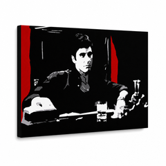 Ročno poslikana slika na platnu z motivom moški s pijačo, črno-belo z rdečo – 3D prikaz platna z vidnim lesenim okvirjem, Papilora.