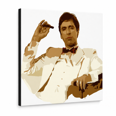 Ročno poslikana slika POP Art AL PACINO 1 kos al35 – 3D vizualizacija ročno poslikanega platna na belem ozadju. Prevladujoče barve: rjava, bela, zlata.