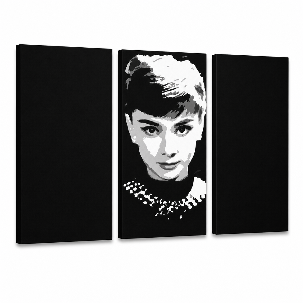 Ročno poslikana slika POP Art Audrey HEPBHURN 3 kosi ah – 3D vizualizacija ročno poslikanega platna na belem ozadju. Prevladujoče barve: črna, bela, siva.