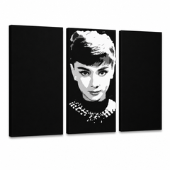 Ročno poslikana slika POP Art Audrey HEPBHURN 3 kosi ah – 3D vizualizacija ročno poslikanega platna na belem ozadju. Prevladujoče barve: črna, bela, siva.