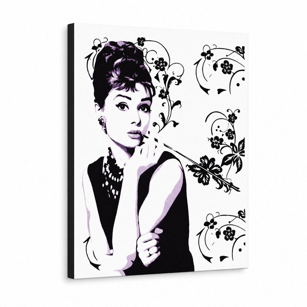 Ročno poslikana slika POP Art Audrey Hepburn ah5 – 3D vizualizacija ročno poslikanega platna na belem ozadju. Prevladujoče barve: črna, bela, vijolična.
