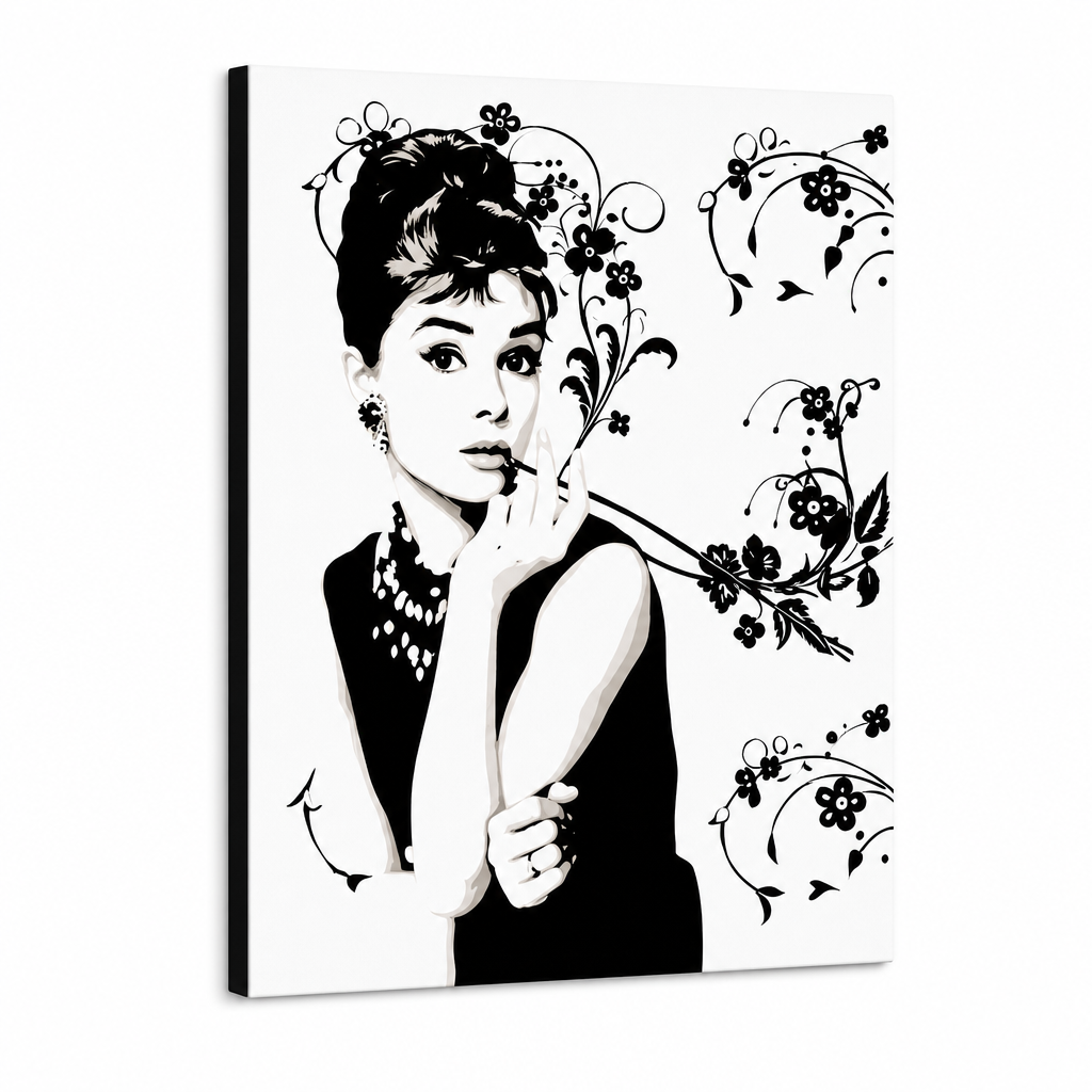 Ročno poslikana slika na platnu z motivom audrey hepburn s cvetličnimi vzorci – 3D prikaz platna z vidnim lesenim okvirjem, Papilora.