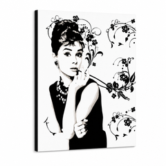Ročno poslikana slika na platnu z motivom audrey hepburn s cvetličnimi vzorci – 3D prikaz platna z vidnim lesenim okvirjem, Papilora.