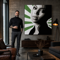 Ročno poslikana slika POP Art BEYONCÉ 1 kos bey4 – slika v sodobnem moškem interjerju, lifestyle vizualizacija. Prevladujoče barve: zelena, črna, siva, bela, rožnata.