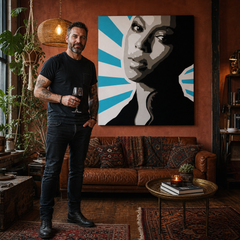Ročno poslikana slika POP Art BEYONCÉ 1 kos bey5 – slika v sodobnem moškem interjerju, lifestyle vizualizacija. Prevladujoče barve: črna, modra, bela, siva, rjava.