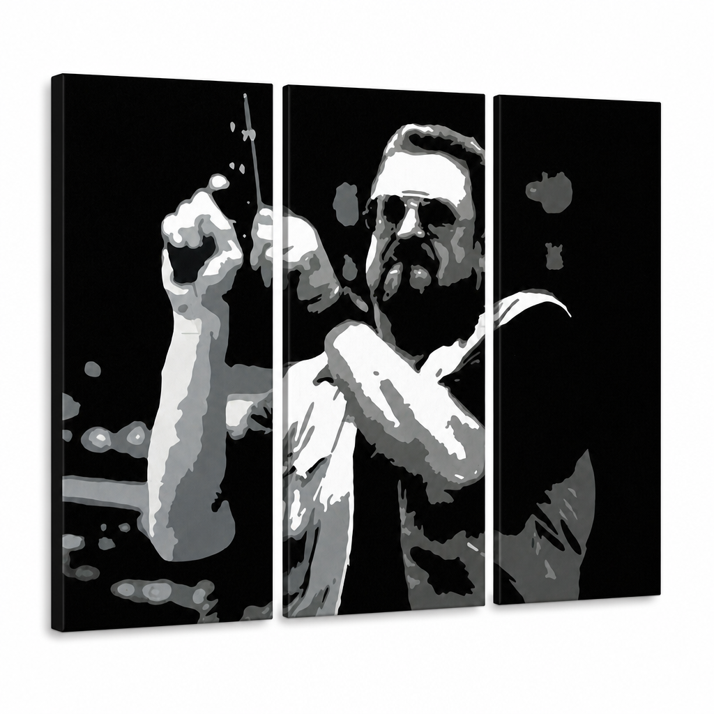 Ročno poslikana slika POP Art Big Lebowski 3 deli bl – 3D vizualizacija ročno poslikanega platna na belem ozadju. Prevladujoče barve: črna, bela, siva.