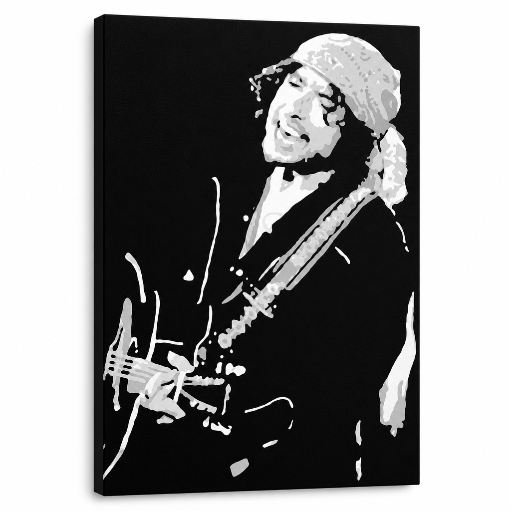 Ročno poslikana slika POP Art Bob Dylan 1 del bd – 3D vizualizacija ročno poslikanega platna na belem ozadju. Prevladujoče barve: črna, bela, siva.