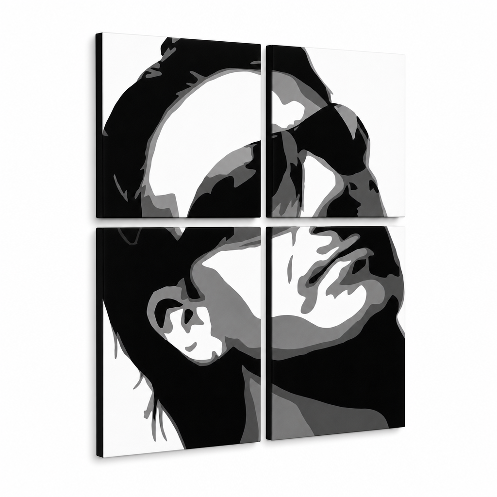 Ročno poslikana slika POP Art Bono-U2 4 kosi bono2 – 3D vizualizacija ročno poslikanega platna na belem ozadju. Prevladujoče barve: črna, bela, siva.