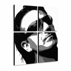 Ročno poslikana slika POP Art Bono-U2 4 kosi bono2 – 3D vizualizacija ročno poslikanega platna na belem ozadju. Prevladujoče barve: črna, bela, siva.