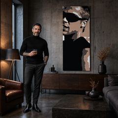 Ročno poslikana slika POP Art Brad Pitt 1 kos bp – slika v sodobnem moškem interjerju, lifestyle vizualizacija. Prevladujoče barve: črna, rjava, bela.