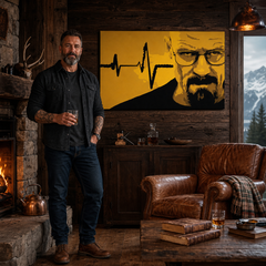 Ročno poslikana slika POP Art BREAKING BAD 1 kos brb2 – slika v sodobnem moškem interjerju, lifestyle vizualizacija. Prevladujoče barve: rumena, črna, rjava.