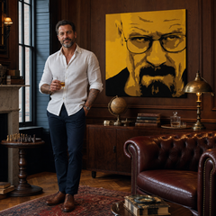 Ročno poslikana slika POP Art Breaking Bad 4 kosi brb – slika v sodobnem moškem interjerju, lifestyle vizualizacija. Prevladujoče barve: rumena, črna, rjava.