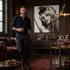 Ročno poslikana slika POP Art Brigitte Bardot 1 kos bara – slika v sodobnem moškem interjerju, lifestyle vizualizacija. Prevladujoče barve: črna, rjava, bež.