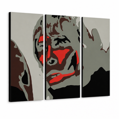 Ročno poslikana slika POP Art BROWN APE 3 kosi ibbrown – 3D vizualizacija ročno poslikanega platna na belem ozadju. Prevladujoče barve: črna, rdeča, siva, rjava, bela.