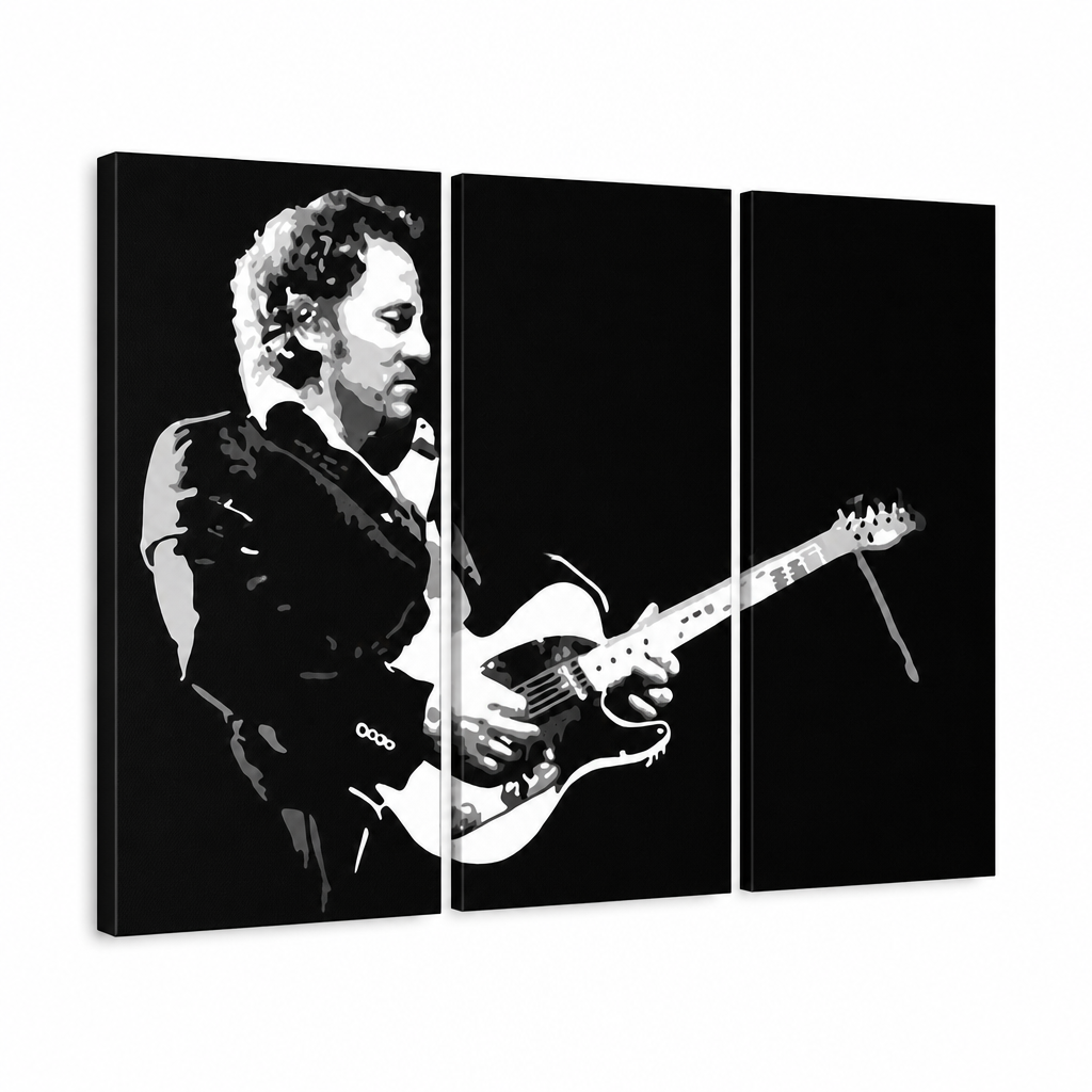 Ročno poslikana slika POP Art Bruce Springsteen 3 kosi – 3D vizualizacija ročno poslikanega platna na belem ozadju. Prevladujoče barve: črna, bela, siva.
